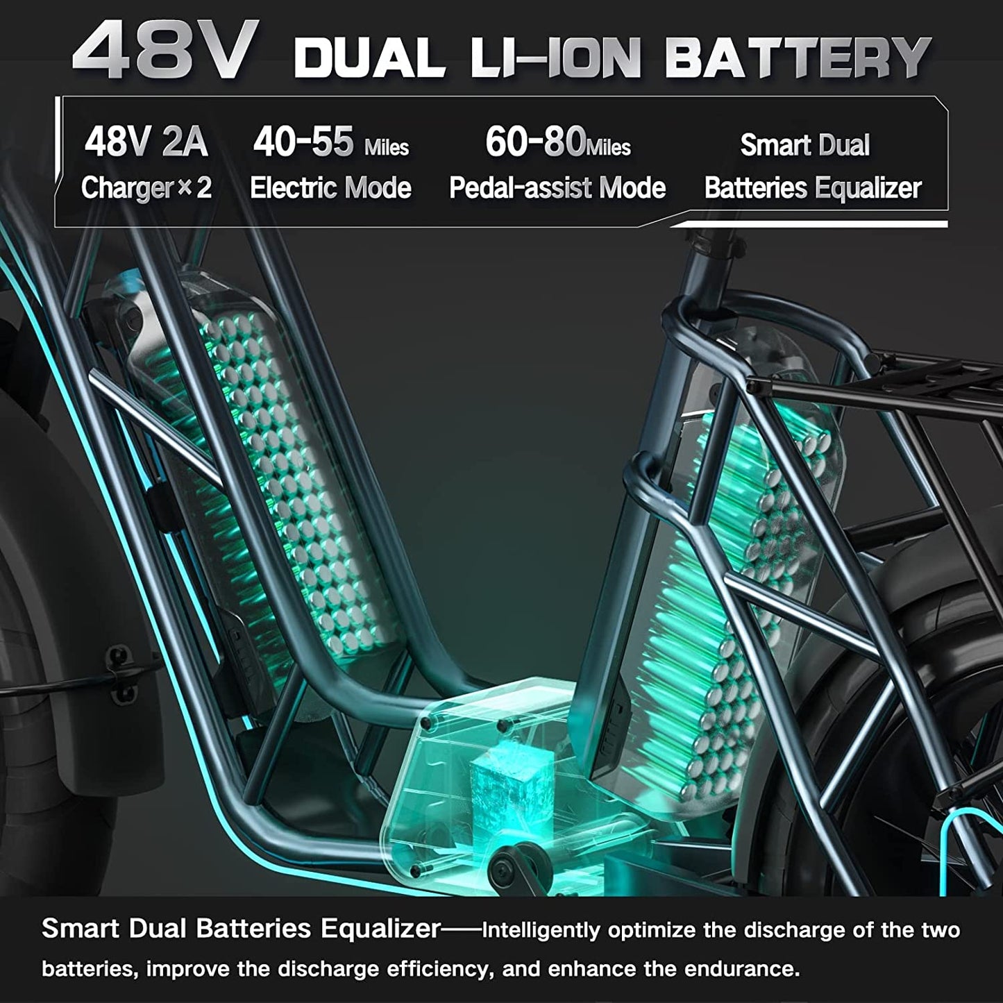 FUCARE Gemini 750W Electric Bike; 20''  4.0" Fat Tire; 48V 20.8 AH Dual Removable Lithium Battery;28MPH Max Speed; 5.3" LCD Display